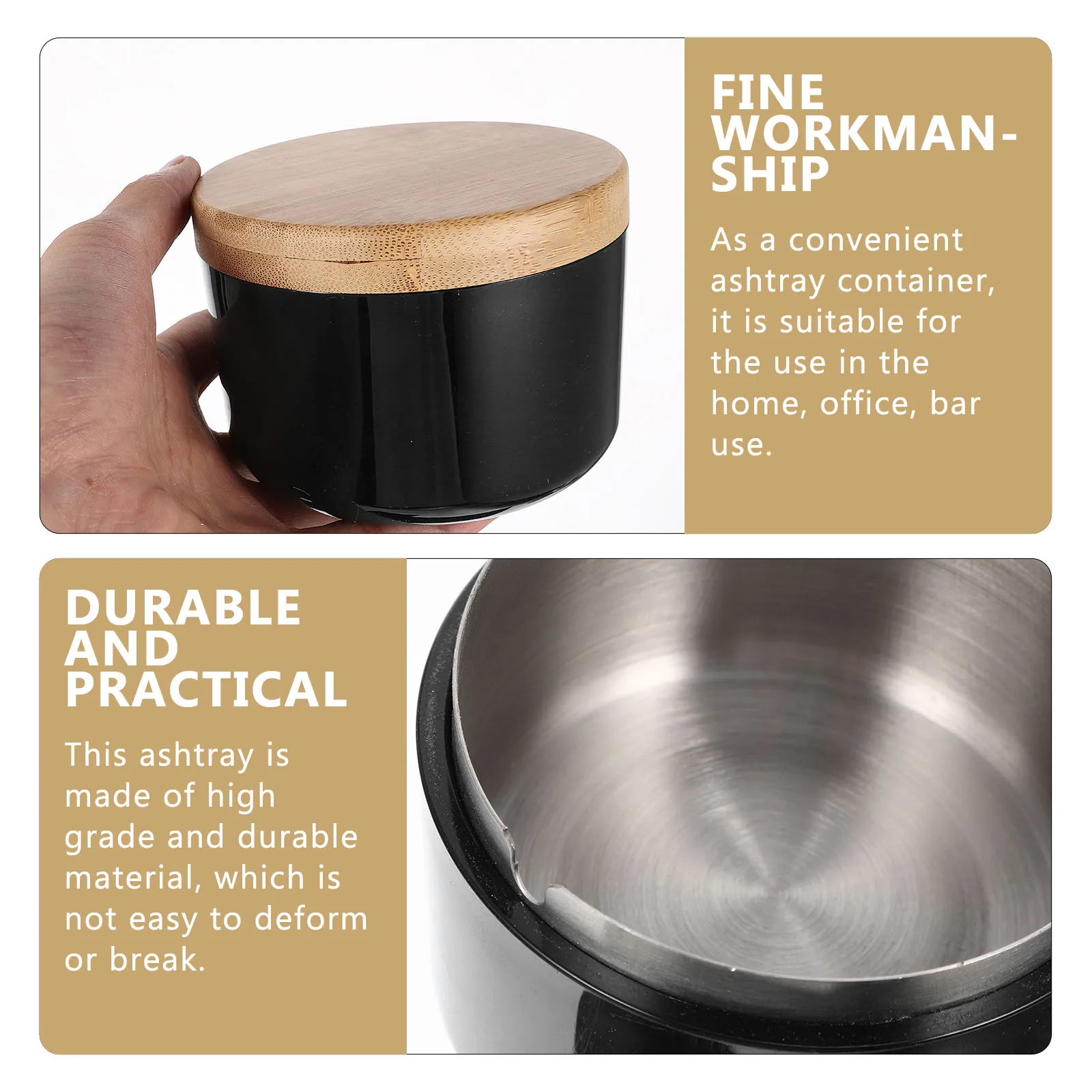 

Bamboo Lid Ashtray Material Large Capacity Home Office Round Smooth Surface Prevent Smell Tabletop Plastic Stainless
