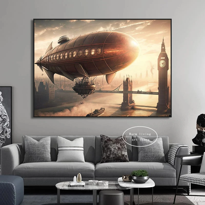 Vintage Steampunk City Poster Fog London Train Airship City of Balloons Wall Art Canvas Painting Prints Wall Pictures Room Decor