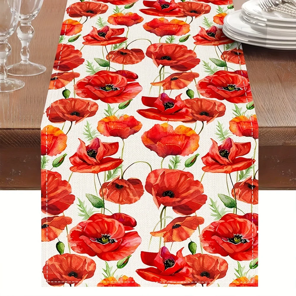 1 Piece of Poppy Floral Table Runner, Watercolor Painted Red Poppy Pattern on White Background, Suitable for Garden Parties, Pastoral Restaurants, Art Studios, B&B Soft Furnishings, Wedding Arrangements, Handicraft Markets, Girlfriends' Tea Parties, and Home Daily Decorations