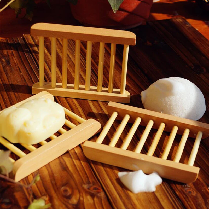 【F】Natural Wood Bamboo Soap Drainer Dishes Tray Soap Dry Holder Storage Rack Plate