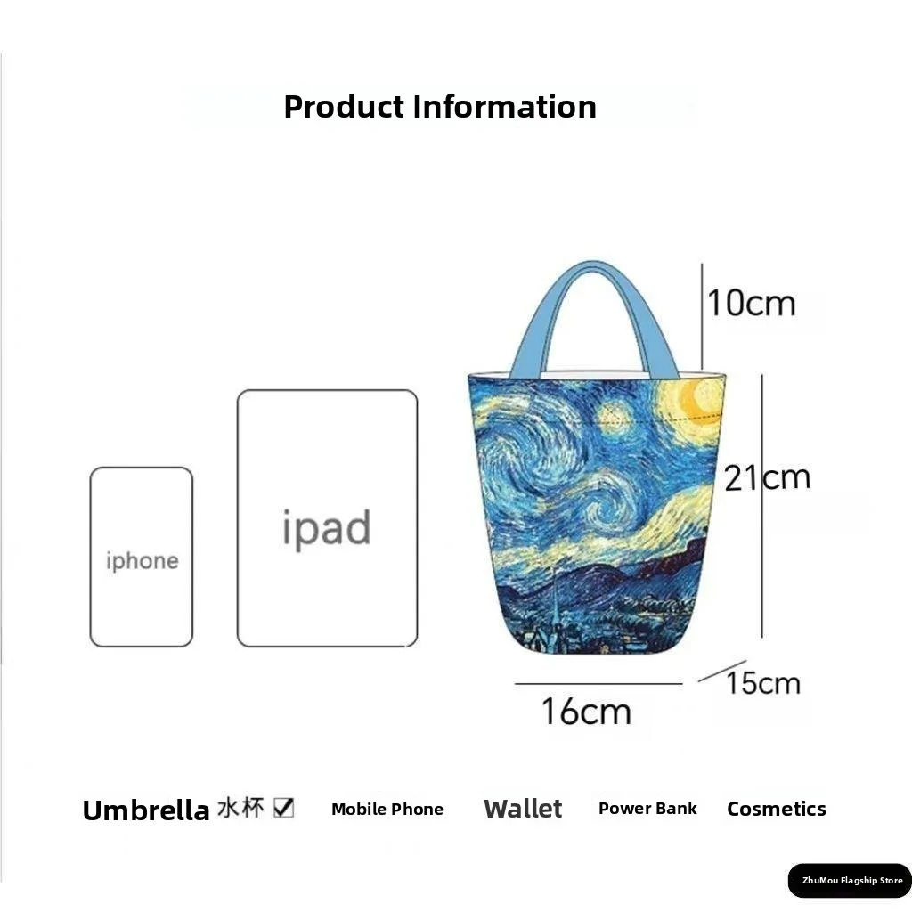 Fashionable Large Capacity Canvas Bucket Bag Artistic Handheld Retro Japanese Style Vincent Van Gogh Starry Night Handbag - view 4