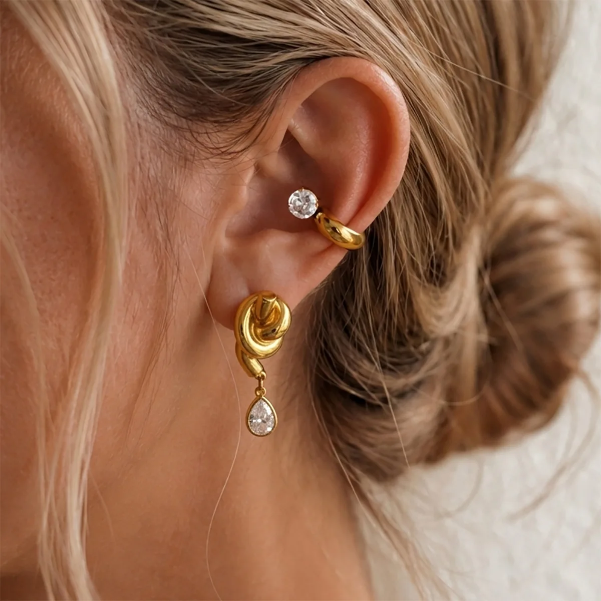 

Stainless Steel Earrings Premium Twisted Knot Cubic Zirconia Water Drop Pendant Sleek Office Wear Hypoallergenic Women Jewelry