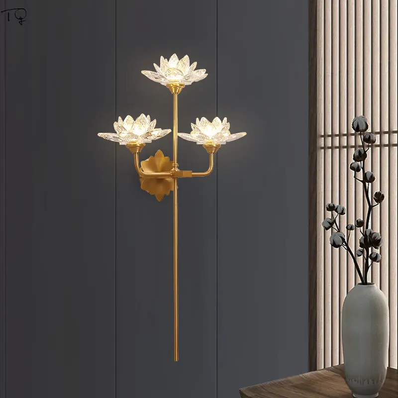 Imagem -03 - Lâmpada Clássica de Cristal de Cobre Led Lotus Flower Lâmpada de Parede para Sala de Estar Quarto Estudo Arte Zen Decorativa Led E14 Chinês