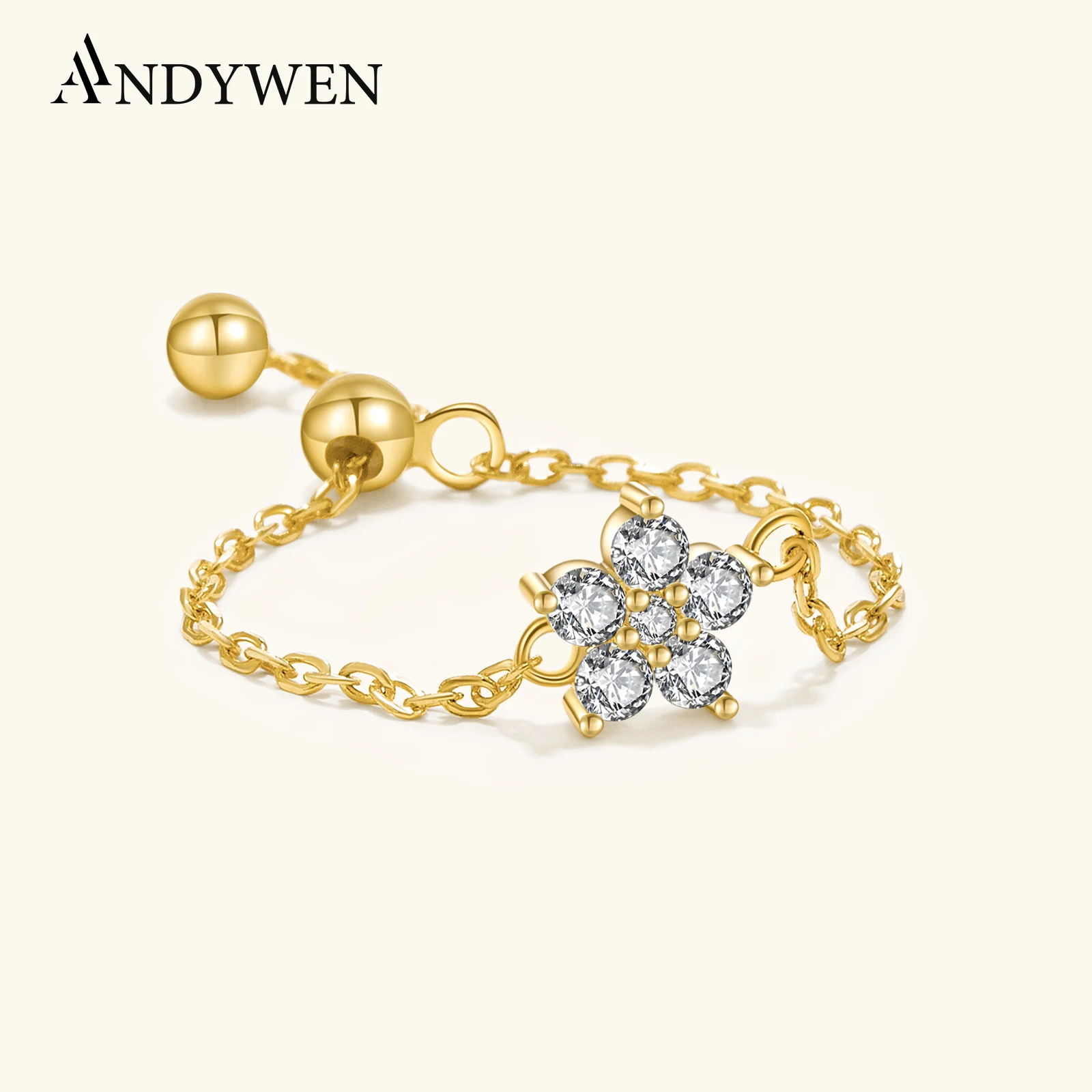 

ANDYWEN, кольцо-цепочка из стерлингового серебра 925 пробы с золотым цветком и цирконием, регулируемое роскошное блестящее кольцо с драгоценными камнями, свадебное ювелирное изделие, подарок для женщин