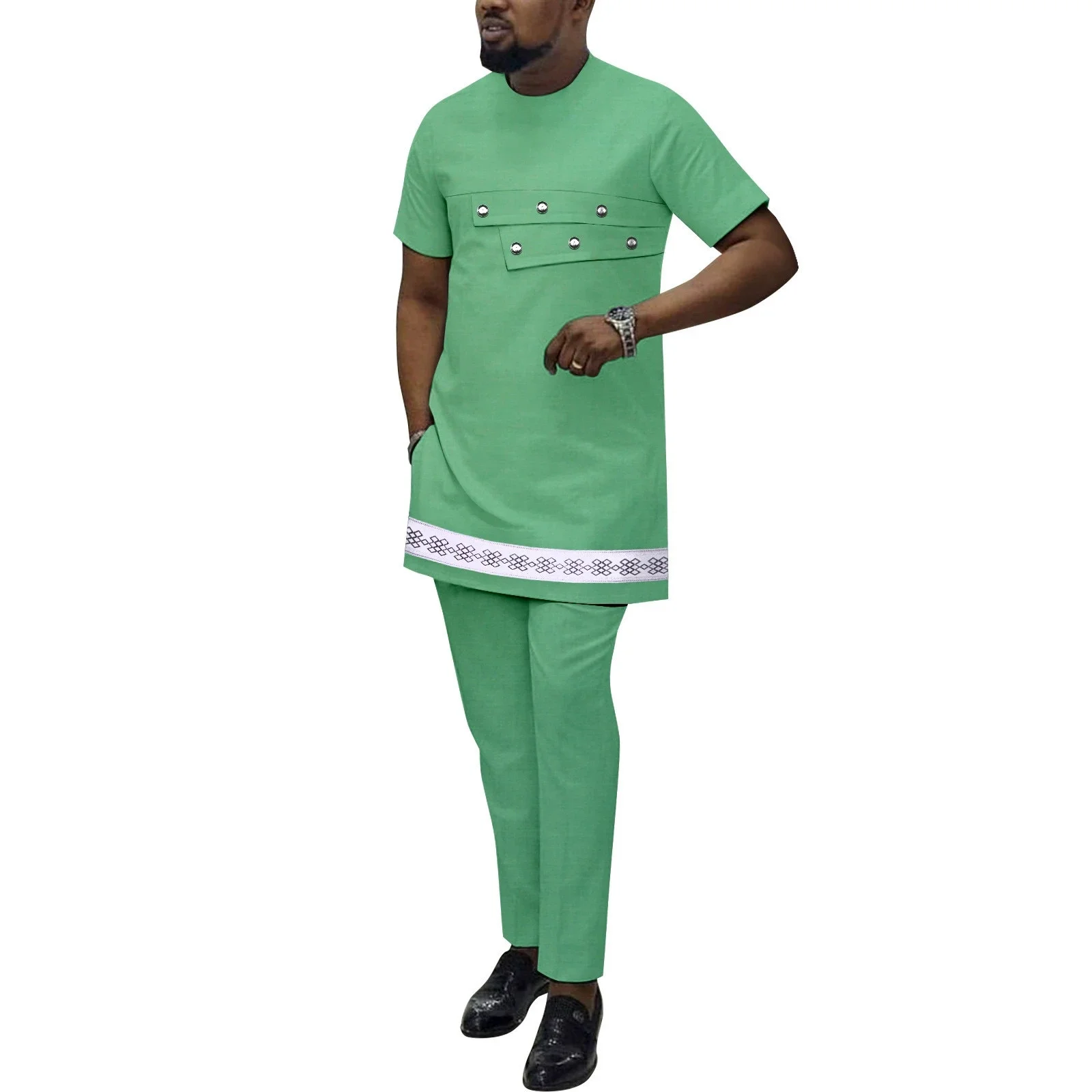 

Sale African Men Clothing Ankara Pants Set Dashiki Shirt 2 Piece Outfit Crop Top Attire Short Sleeve Shirt and Ankara Pants Set