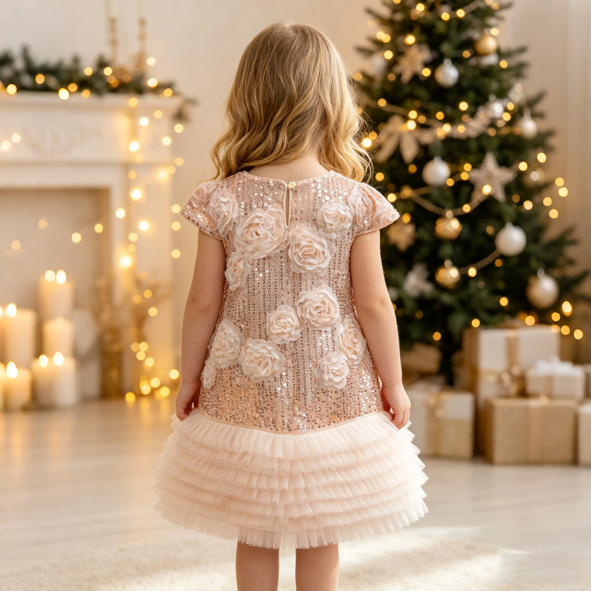 HETISO Golden Sequin Girls Party Ball Gown 3D Flower Baby Kids Holiday Birthday Dresses Children's Tutu Princess Costume