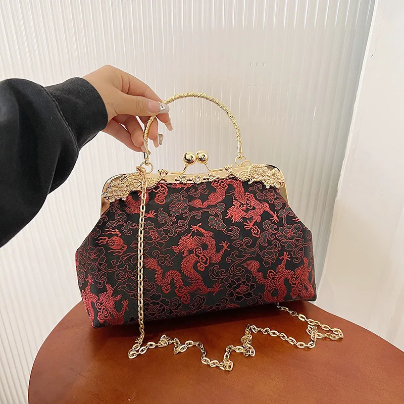 Retro Chinses Style Embroidery Print Handbags Chain Shoulder Bag Crossbody For Women Fashion Seashell Shape Clutches Party Purse