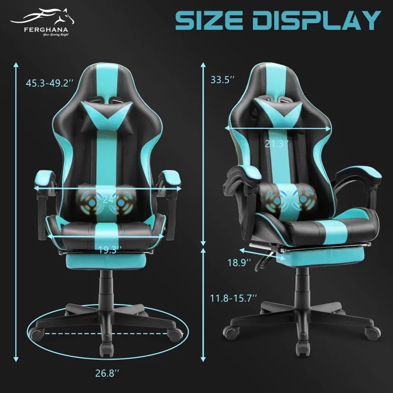 Gaming Chairs, Ergonomic Racing Style PC Game Computer Chair with Headrest Lumbar Support Adjustable Recliner PU