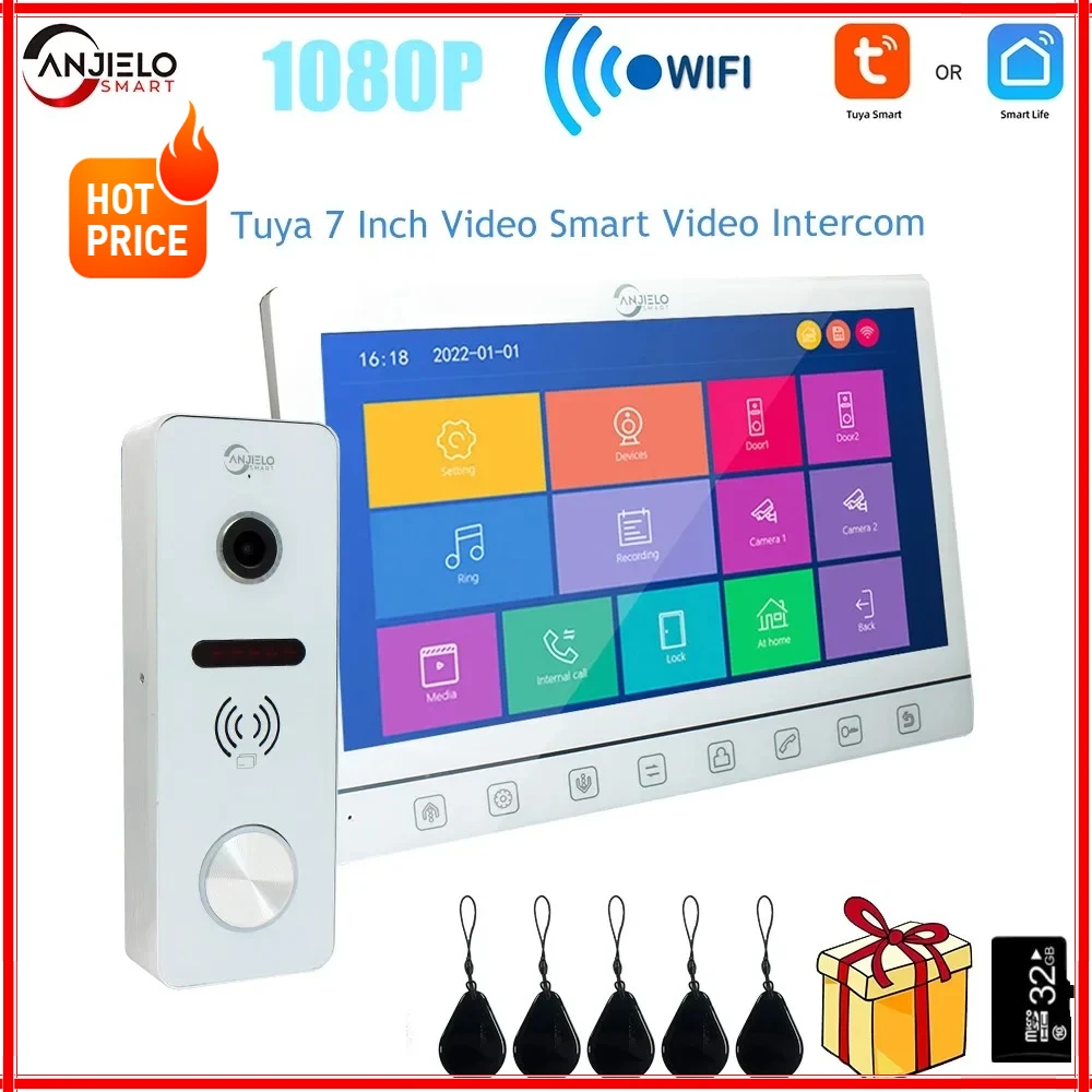 Tuya 7 Inch Video Smart Video Intercom 1080p Intercom Doorbell 160° Porteiro Electronic Doorman WiFi Camera IC card unlock