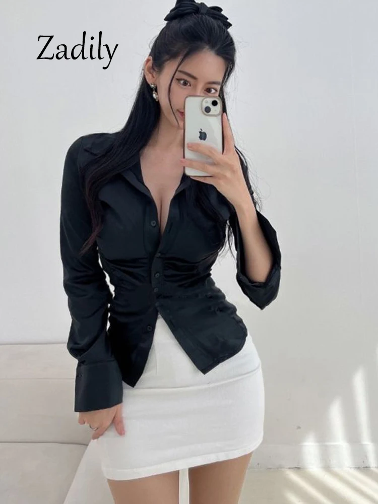 Zadily 2024 Spring Office Lady Women Satin Shirt Korea Style Slim Waist Folds Work Woman Shirts Button Up Female Blouse Clothing