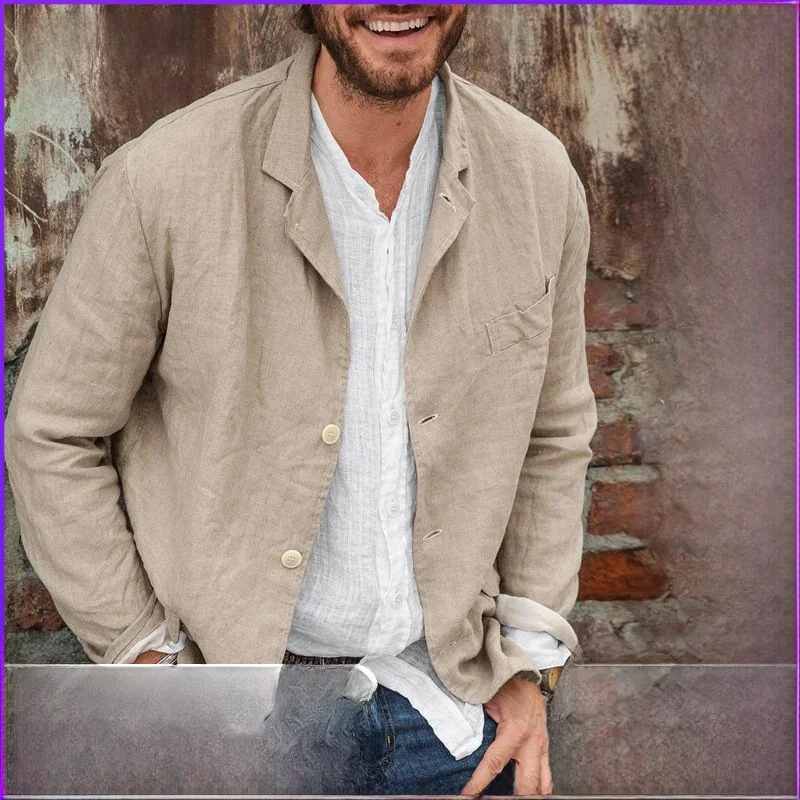 

Casual Loose Cotton Linen Men's Suit Jaet Busin Casual Long Sve Youth Outerwear Spring Autumn Seasonal Faion