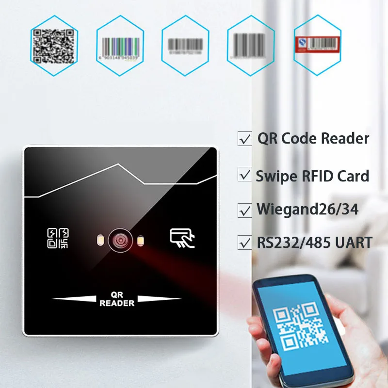 Wiegand-lector de tarjetas de escaneo de código, lector de código QR RFID de 125Khz, identificación de 26 bits, RS232 485, UART Wallmount Gate,