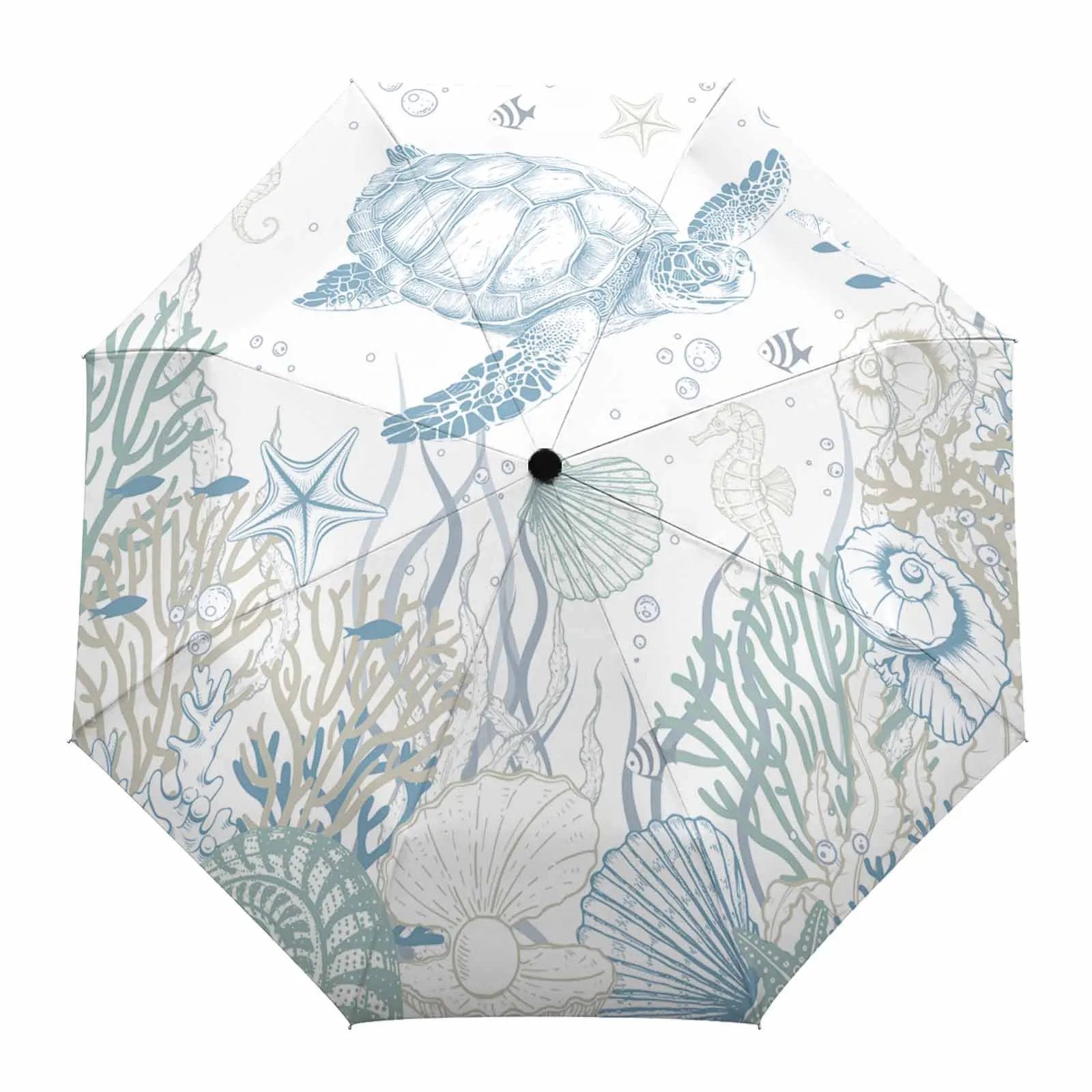 Summer Blue Green Marine Organisms Flower Automatic Umbrella for Rain Foldable Parasol Umbrella Eight strand Outdoor Umbrellas