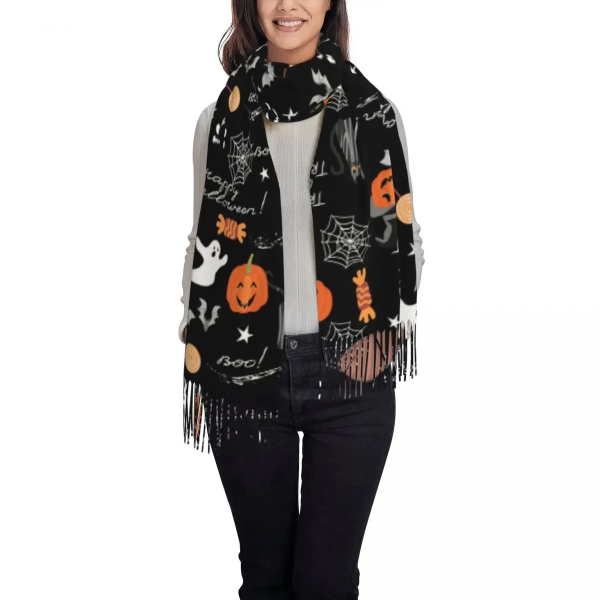 Custom Halloween Pumpkin Ghost Cats Scarf Wrap for Women Long Winter Warm Tassel Shawl Unisex Scarves