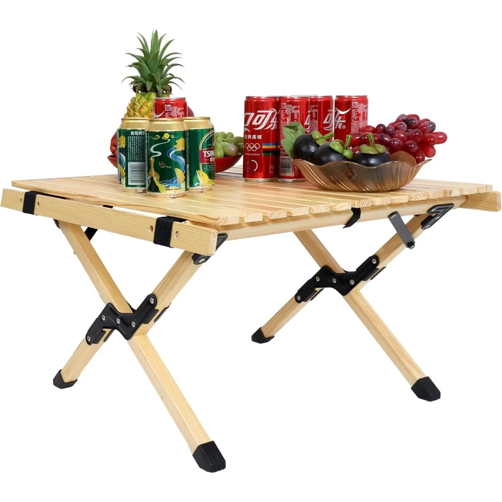 

Folding Camping Table, Portable Picnic Table, Natural Beech Wood Camping Table with X-Frame Design, Low Height Foldable Table, f