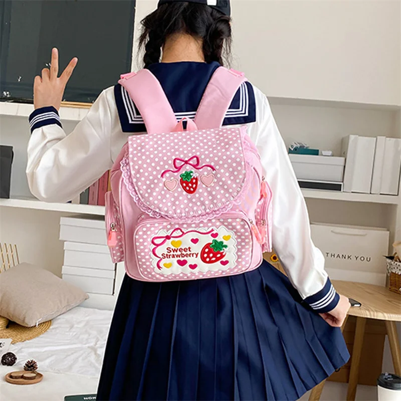 Japanese School Bags Backpack Kids Cute Soft Girl Sweet Lovely Embroidered Fruit Strawberry Lace Backpack Girl Student Schoolbag