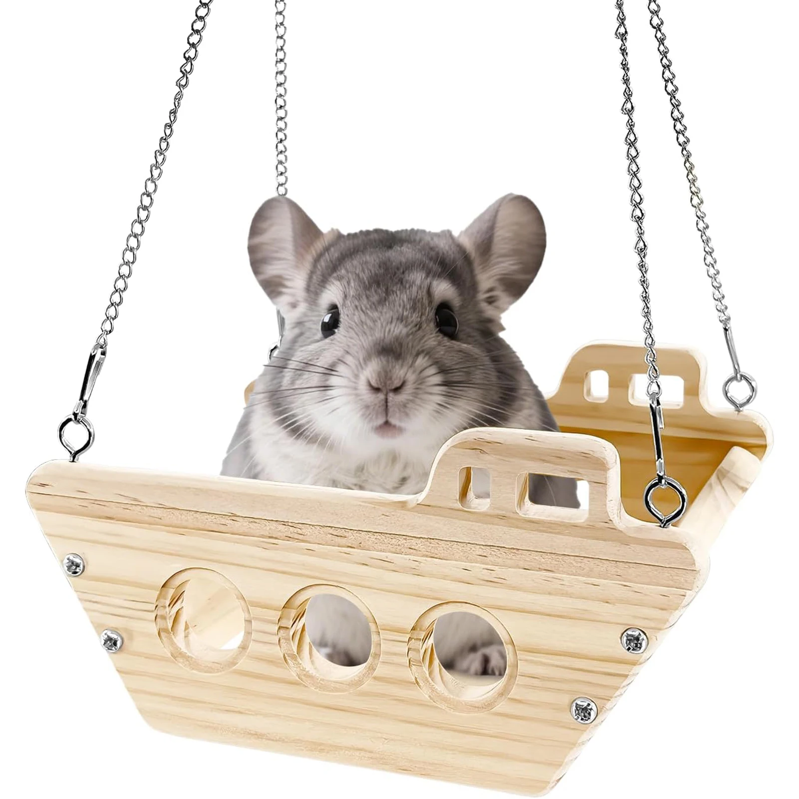 Hängematte aus Holz für Haustiere, Plattform für Kaninchen, Chinchillas, Hamster, Kiefernholz, sicher, kaubeständig, Käfigzubehör mit verstellbarer Kette – Detail 5