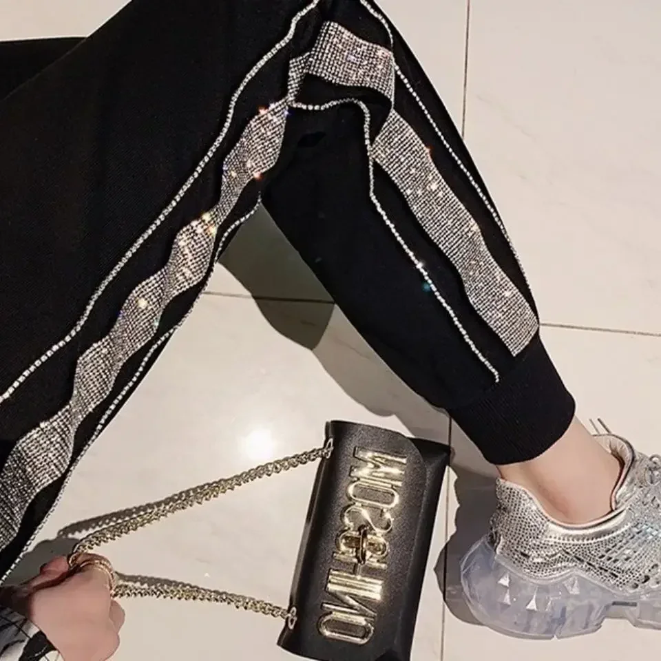 Calça de strass cintura alta feminina, calça preta solta, primavera e verão