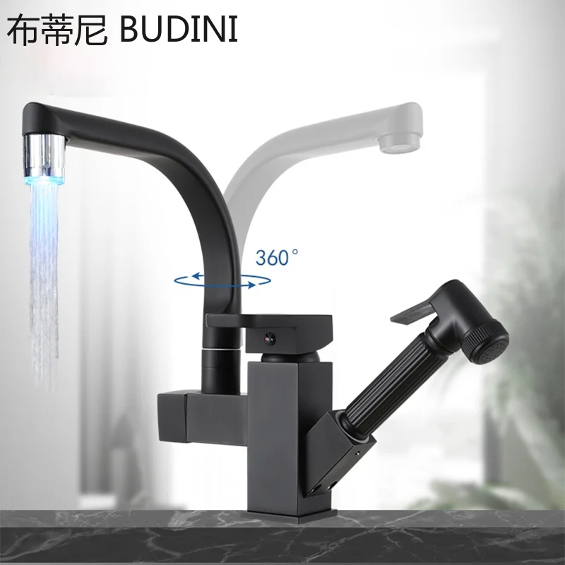 Keran Dapur Matte Hitam Semprotan Bidet Tarik Keluar Keran Mixer Air Panas dan Dingin 360 Derajat Rotasi Bak Cuci Piring Pencuci Piring