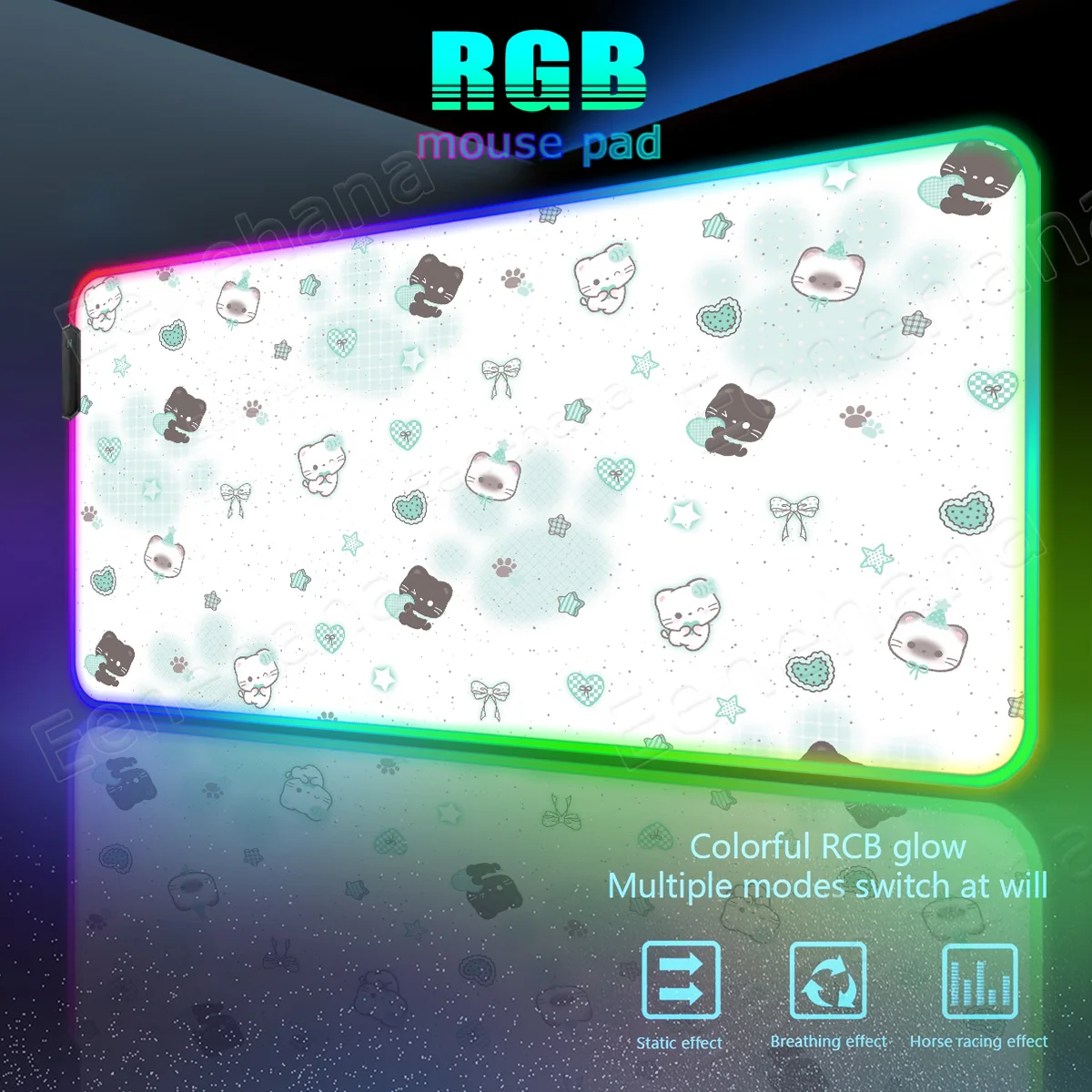 

Коврик для мыши RGB Kawaii Kitten PC Gamer с фиксирующим краем, офисный коврик для стола с милым котом и звездами, аксессуары для клавиатуры, светящиеся подкладки для ноутбука