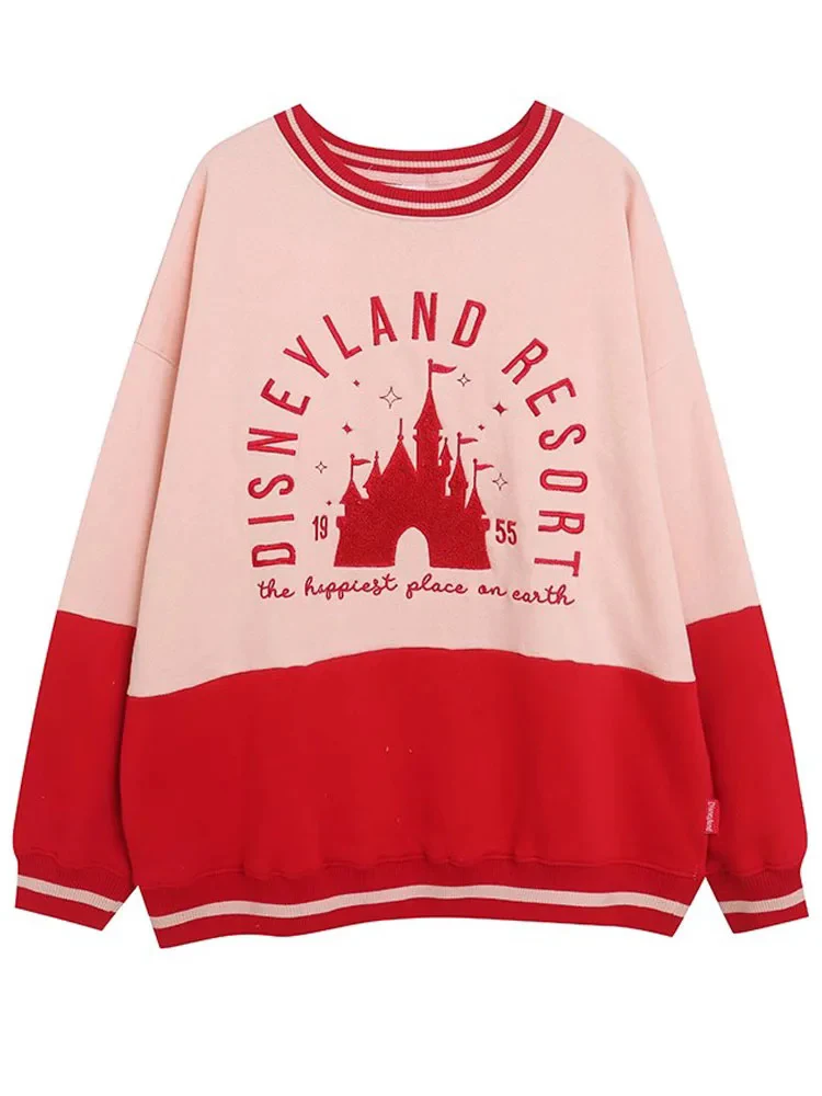 Disneyland Walt Disney World Castle Letter Print Embroidery Sports Sweatshirt Women Contrast Color Long Sleeve Fleece Jumper Top