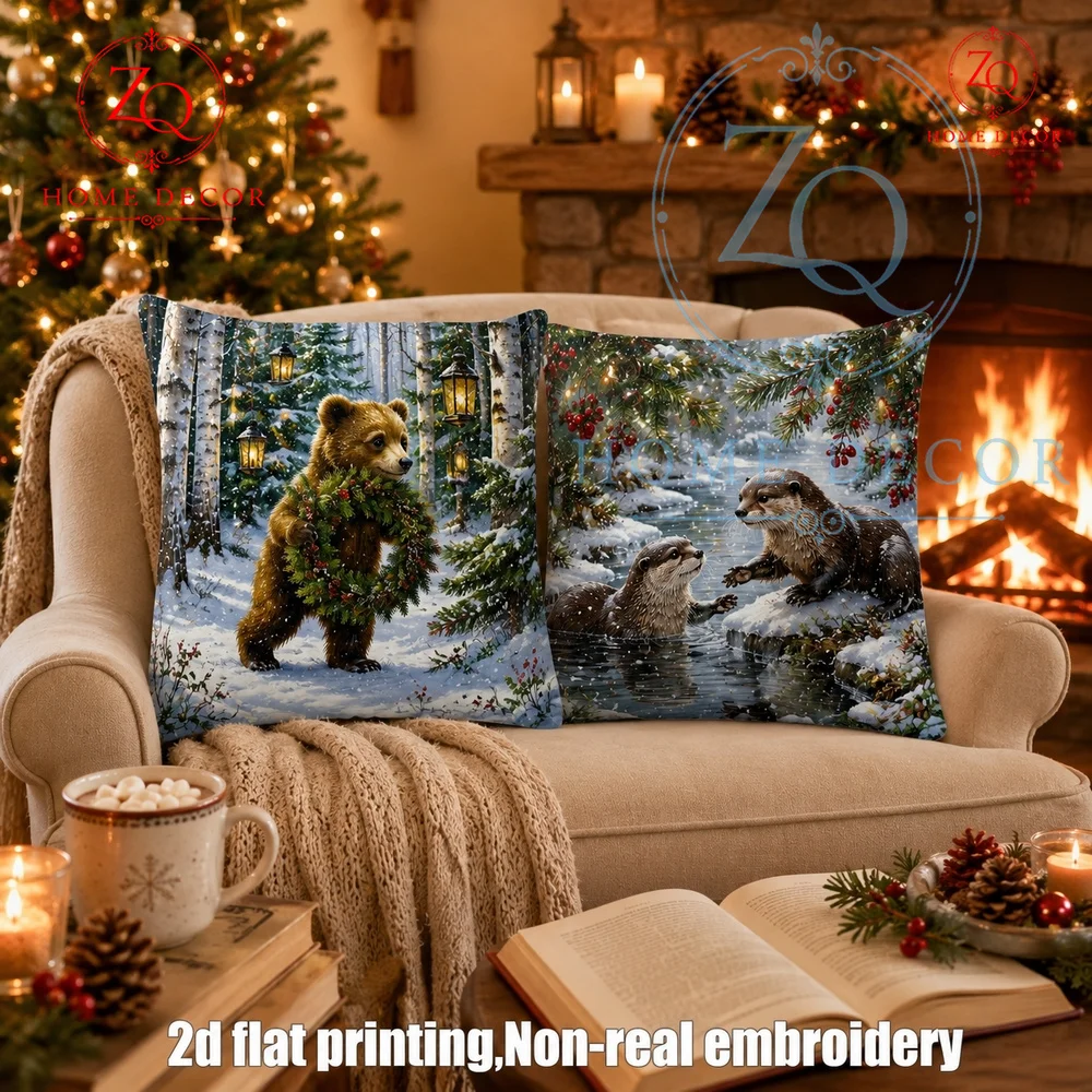 Cozy Christmas Brown Bear Winter Forest Throw Pillow Cover Rustic Holiday Farmhouse Cushion Case for Sofa Couch
