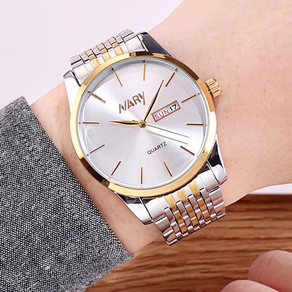 NARY Men Watch Trendy Alloy Quartz Wristwatch Round Dial Stainless Steel Belt Men Watch for Home