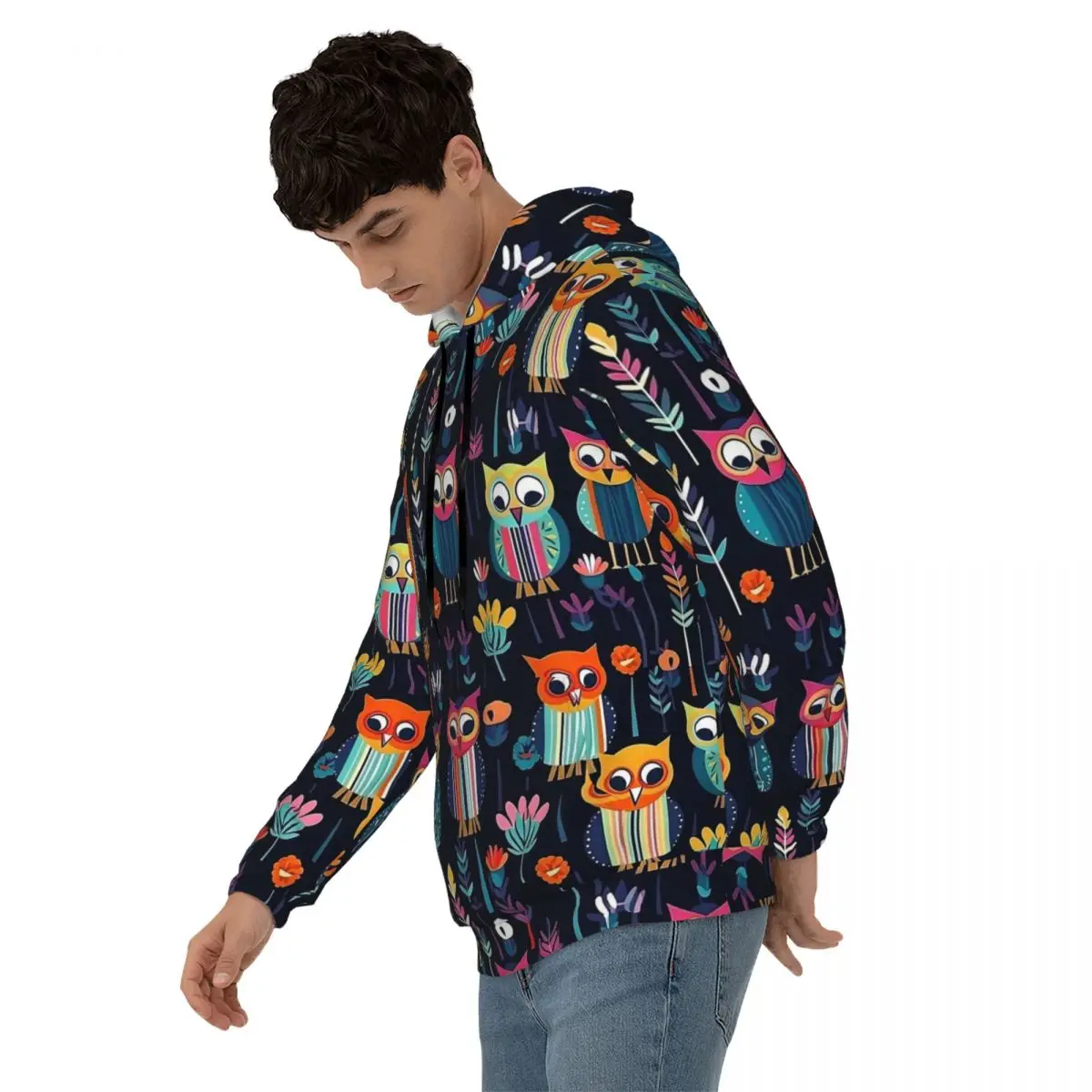 Colorful Geometric Bold Owl Abstract Casual Hoodies Velvet Warm Sweatshirts Autumn Long-Sleeve Loose Oversize Pullover Hoodie