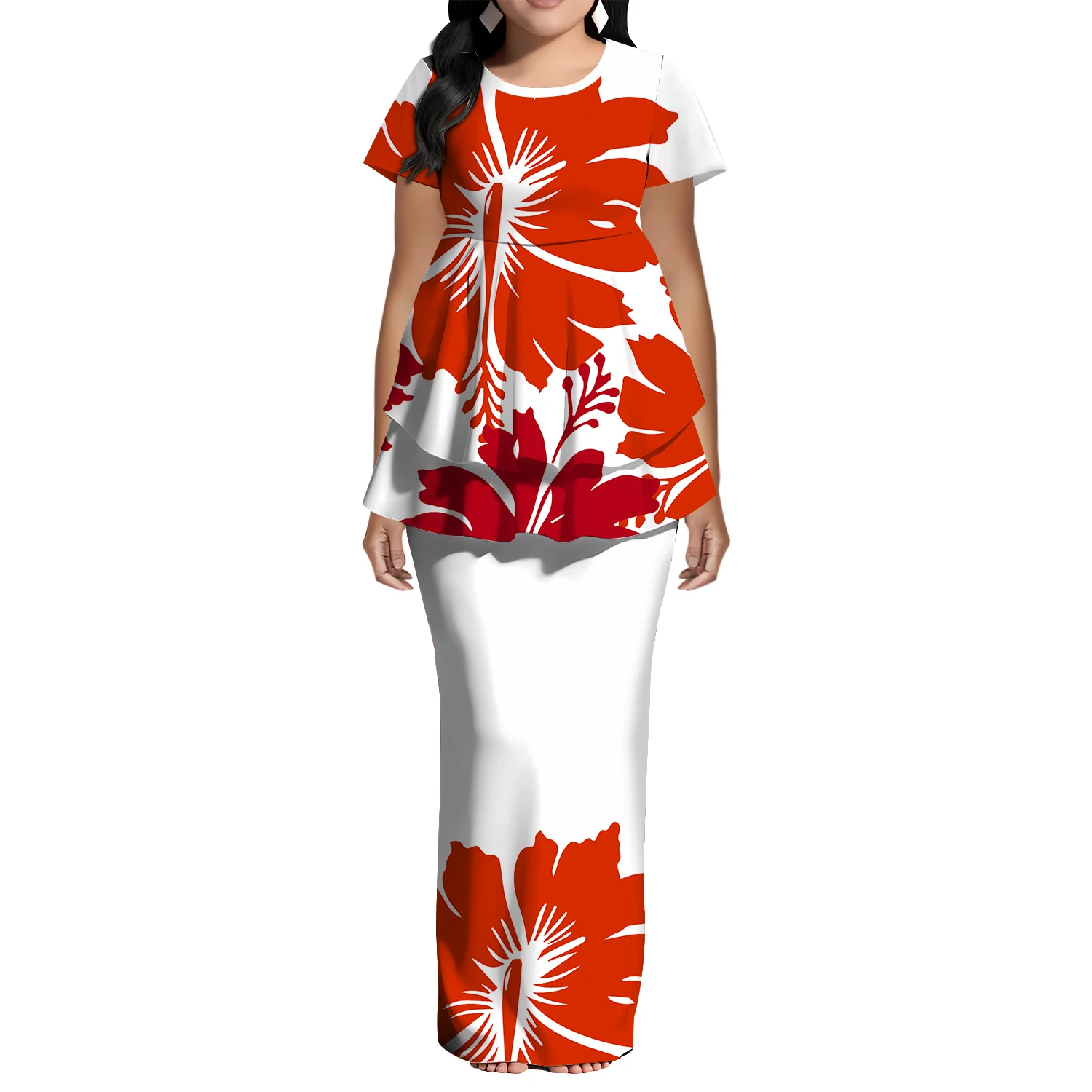 Tribal Pattern Floral Design Women'S Dress Polynesian Puletasi Round-Neck Short-Sleeved Fishtail Patchwork Design 2-Piece Set