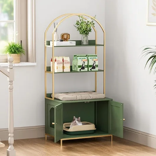 

Stylish Solid Pattern Wooden Cat House Combination Cat Litter Box Pet Furniture Wood Cage Bed Iron Material with Button Closure