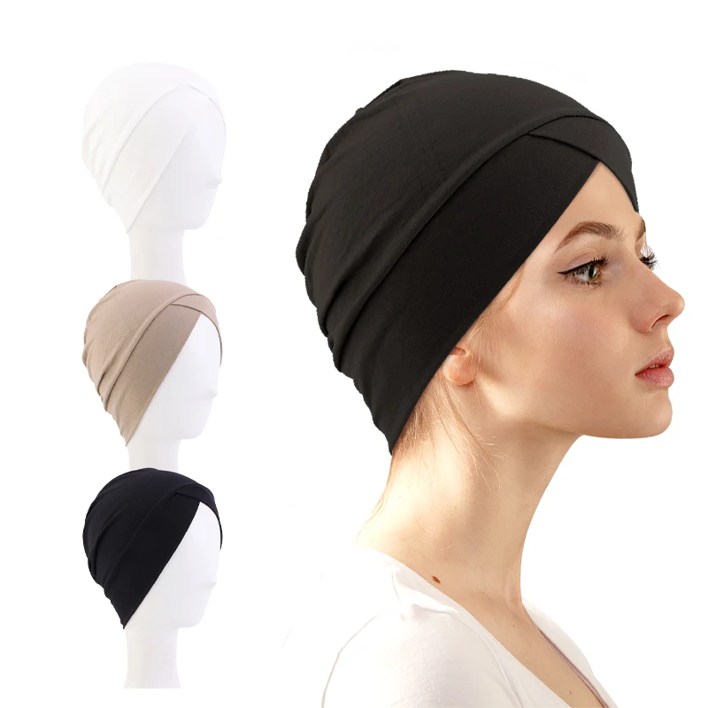 Women Modal Cotton Inner Hijab Caps Headwear Islamic Cross Headband Turban Hair Loss Cancer Chemo Cap Stretch Headwear Hat Cap