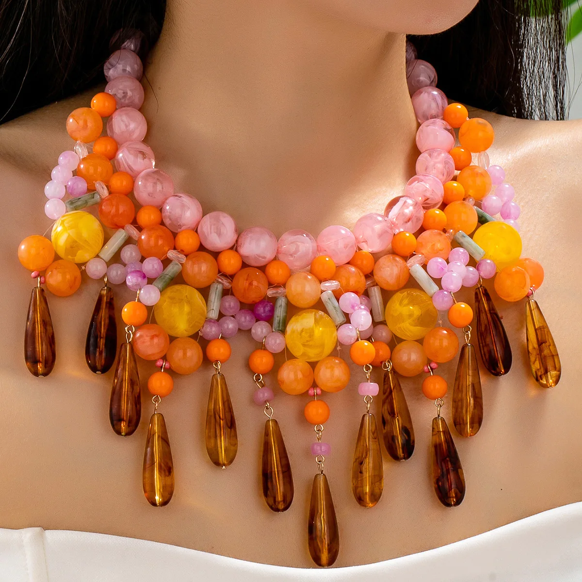 Bohemia Oversized Multicolored Resin Beaded Tassel Bib Necklace Summer Ocean Beach Vacation Layered Choker Party Jewelry Gift