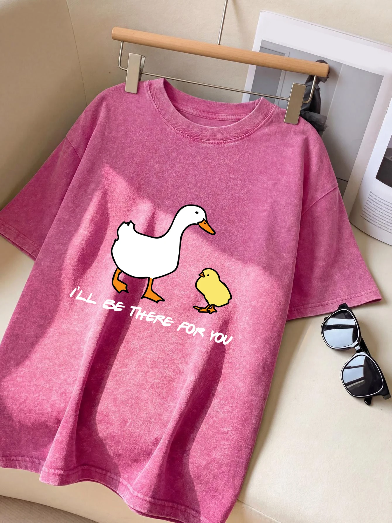Goose Will Be There For You Print Snow Wash Man T-Shirt Summer Cotton Retro Tee Fashion Short Sleeve Unisex Loose O-Neck Top