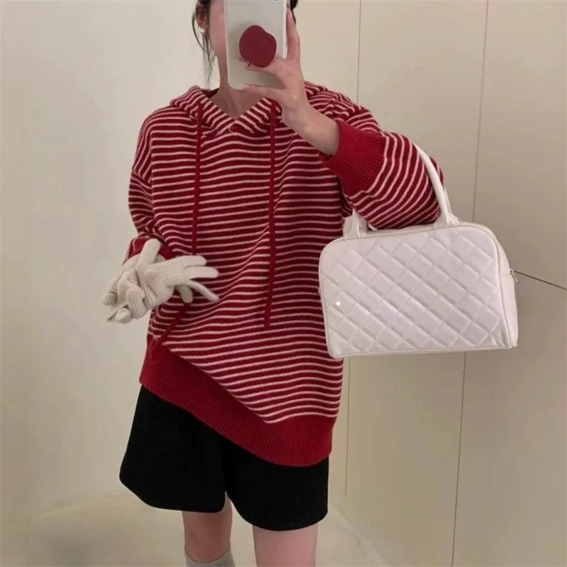

Autumn Winter New Sle Japanese Color Blo Striped Hooded Knitted Sweater Women Loose Lazy Casual Long Sve Top