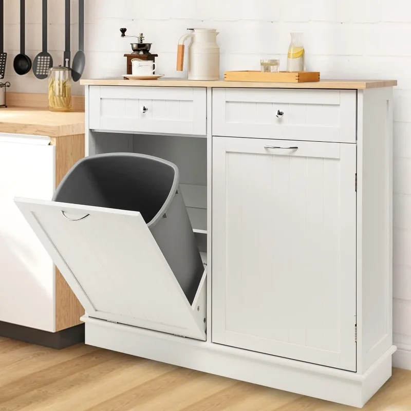 Kitchen Trash Cabinet, Kitchen Island with Tilt Out Garbage Bin, Rubber Wood Countertop, Large Cabinet, 2 Drawers, Adjus