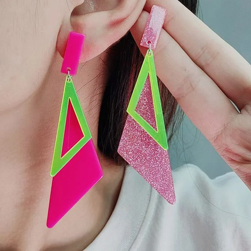 New Double Layer Long Triangle Acrylic Earrings with Fluorescent Color Simple and Personalized Fashion Earrings Decorative Gift
