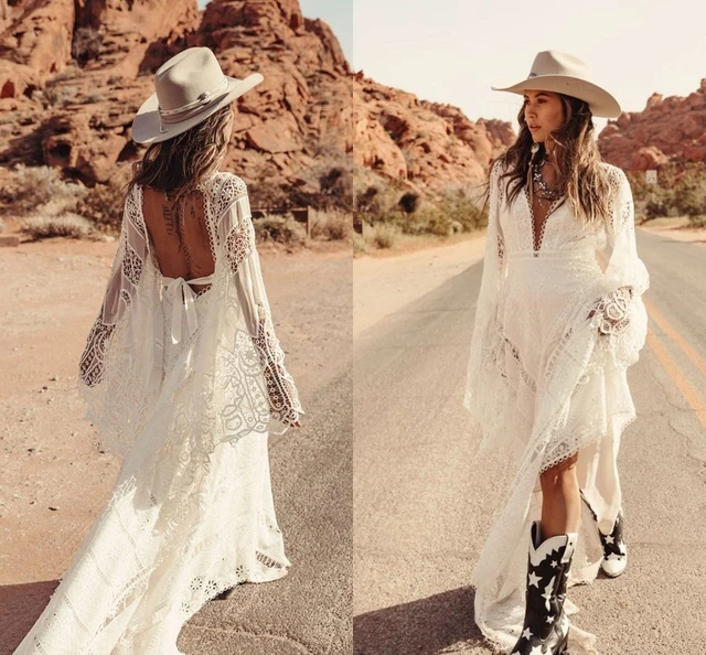 Crochet Lace Cotton Beach Wedding Dresses Long Sleeve Hippie Bohemian Moonrise Canyon Western Country Bridal Gowns AliExpress 320