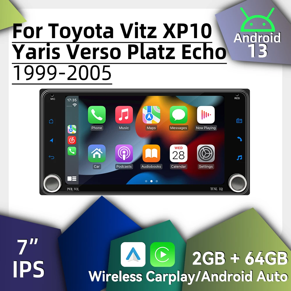 

Беспроводное автомобильное мультимедийное радио Carplay Android для Toyota Vitz XP10 Yaris Verso Platz Echo 1999-2005 7 "стерео 2Din авторадио GPS