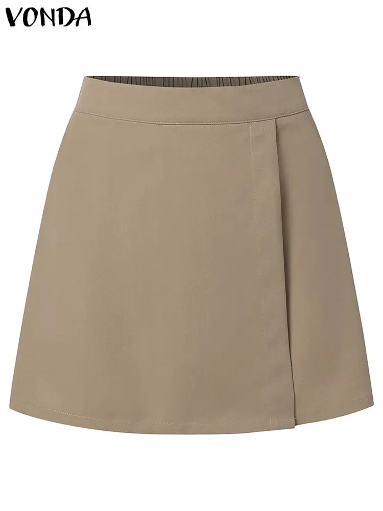 VONDA 2024 Summer Elegant Office Skirts Women Fashion High Waist Short Mini Skirts Pleated Casual Solid Color A-Line Vestidos