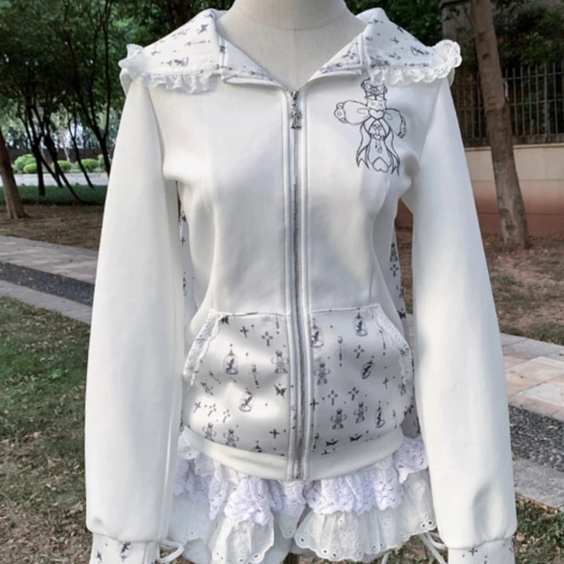 التصميم الياباني الأبيض الحلو الدانتيل الربط المرأة طويلة الأكمام مقنعين البلوز الخريف جديد لطيف الحد من العمر تنورة مجموعة السيدات