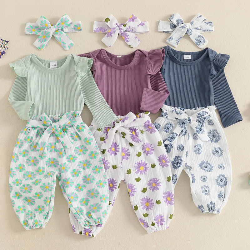 0 to 18 Months Baby Girl Pant Sets Spring Autumn Clothes Long Sleeve Bodysuit with Flower Print Pants and Headband