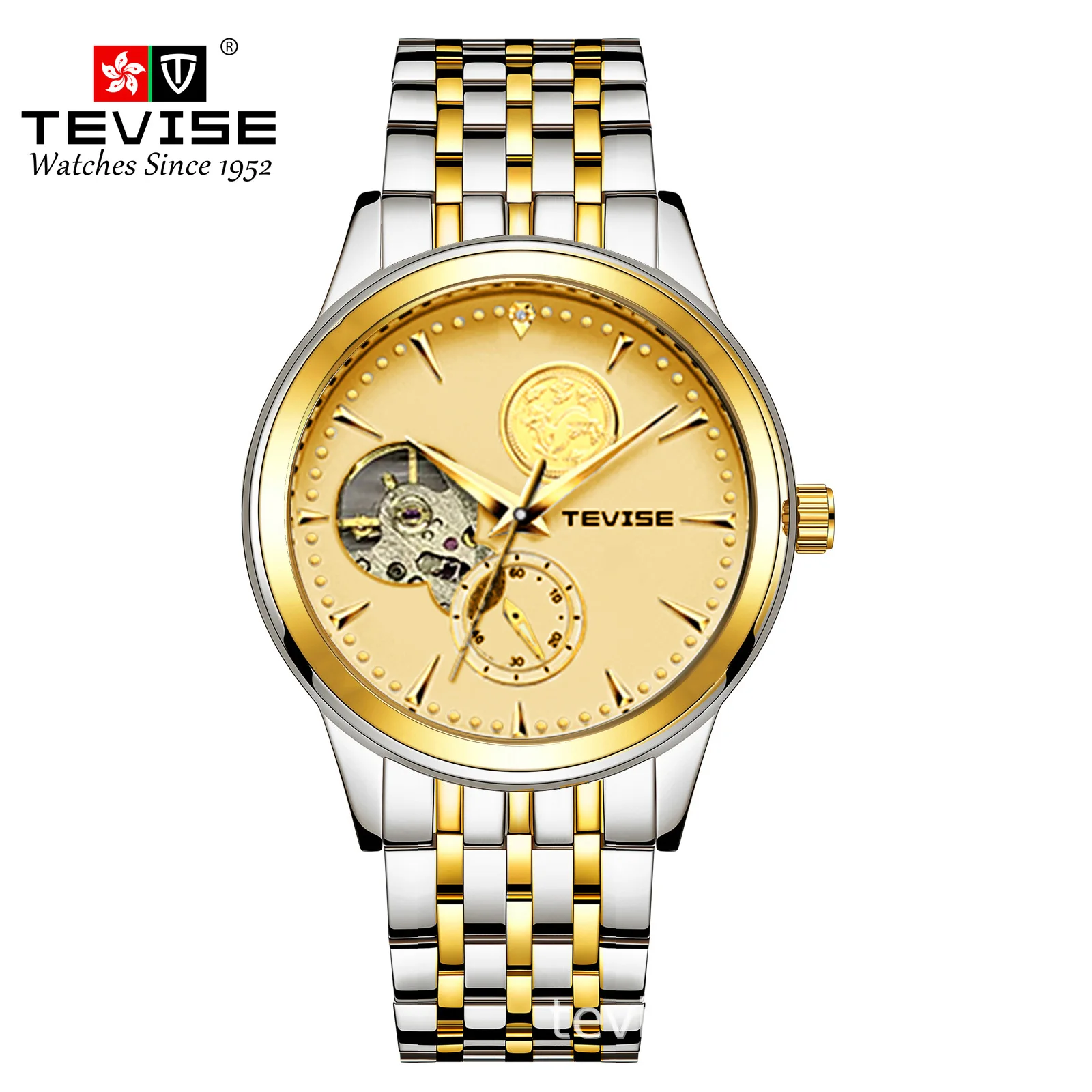 Fashion Tevise Top Brand Automatic Skeleton Men's Waterproof Full Luxury Golden Solid Stainless Steel Band Business Wrist Watch