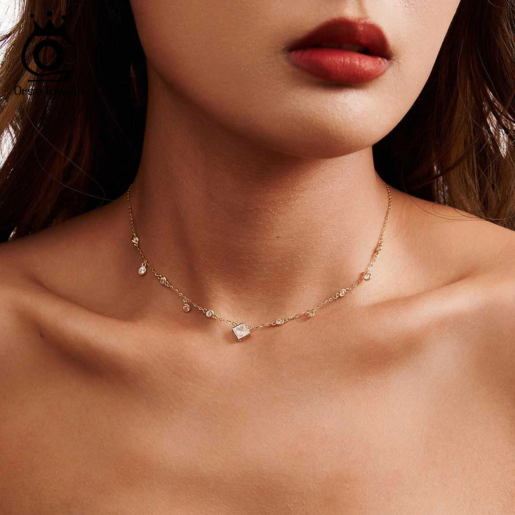 ORSA JEWELS 925 Sterling Silver Necklace with Geometric 5A Clear CZ Chain Classic Colar for Women Party Fine Jewelry BQN01