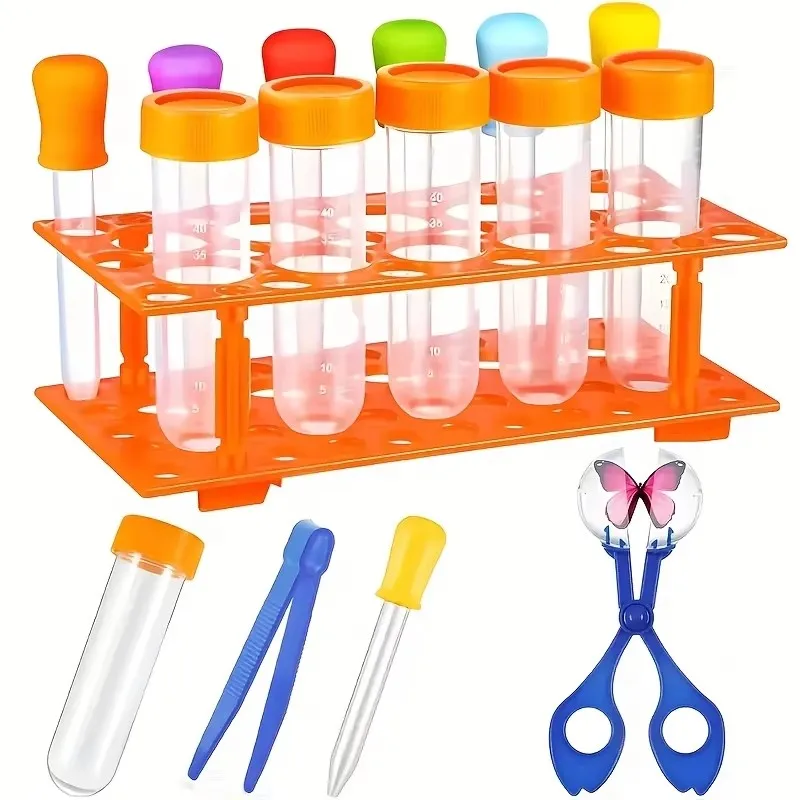Kids Plastic Test Tube Rack Set Silicone Dropper Tweezers Specimen Clips DIY Science Educational Toy for Kids School Teaching Su