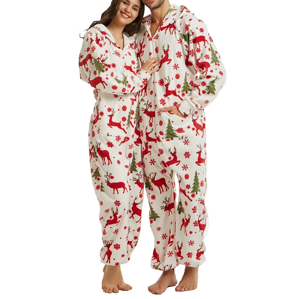 HEZIOWYUN Women's Christmas Zipper Pajamas Oneseies Jumpsuit Reindeer/Snowflake Print Long Sleeve Hooded Nightwear with Pockets