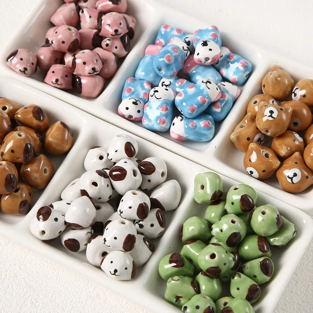 10PCS Ceramics Cute Dog Beads For Jewelry Making Hand Drawn Colored Bear Beads Necklace Bracelet Craft DIY Supplies