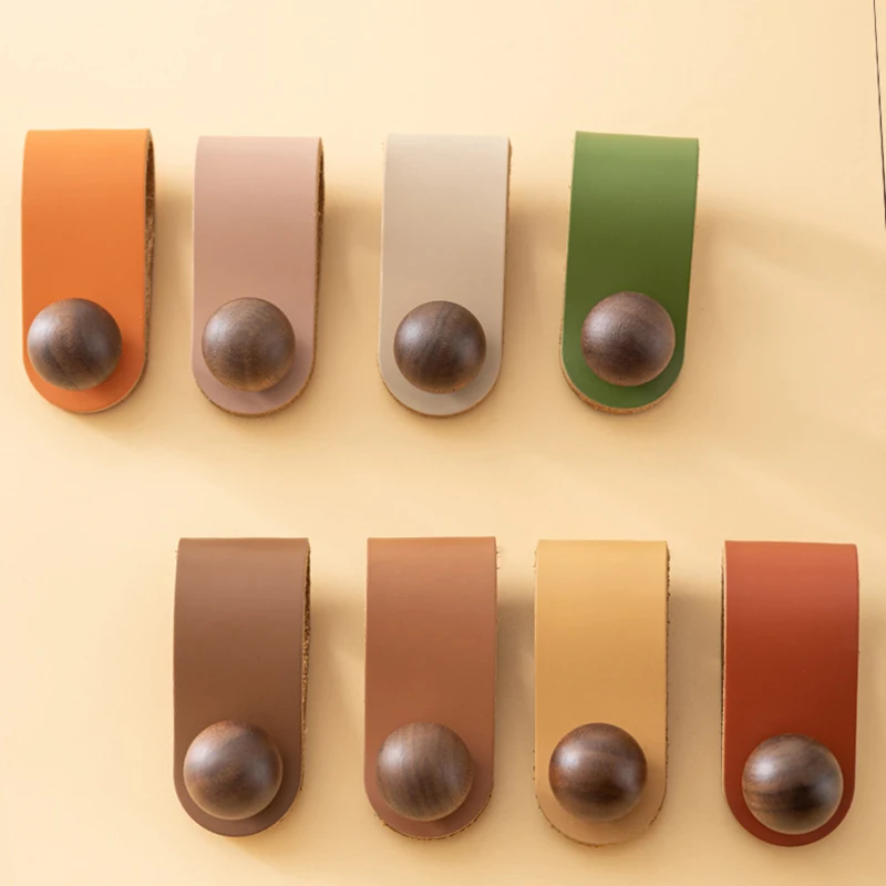 

AOBT Top-Grain Leather Furniture Hardware Anti-Collision Wardrobe Door Drawer Cabinet Pulls Black Walnut Genuine Leather