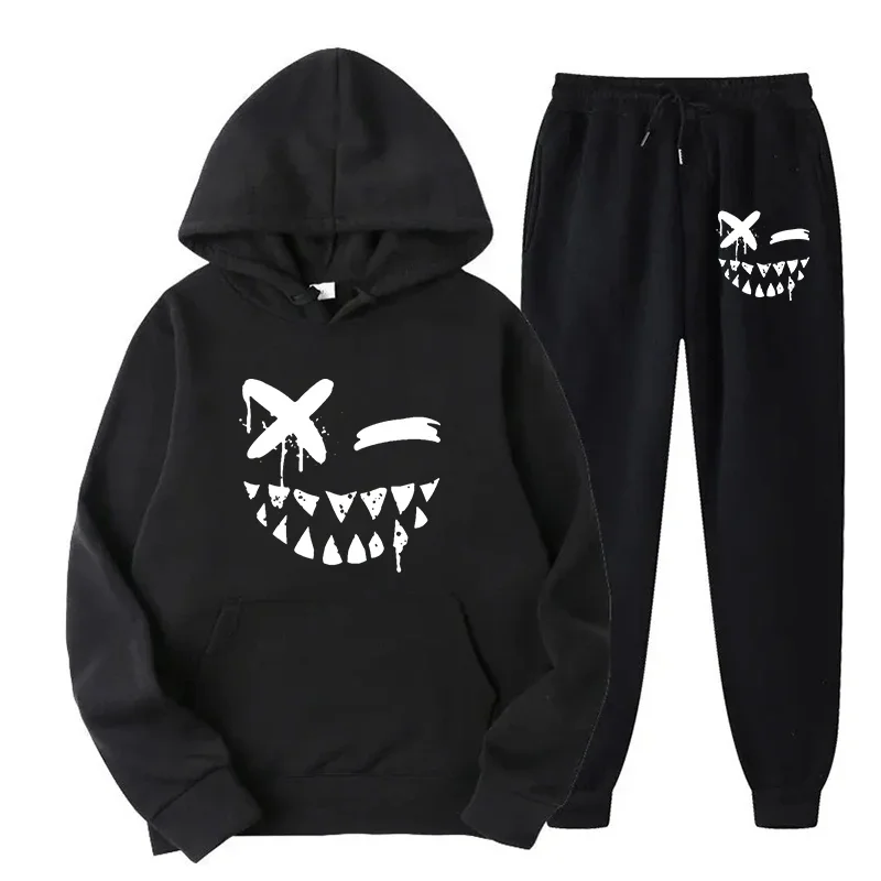 Men's Evil Smile Printed Casual Sports Tracksuits Fashion Hoodies+Pants Suit Running Fitness Sportswear Autumn Male Clothing