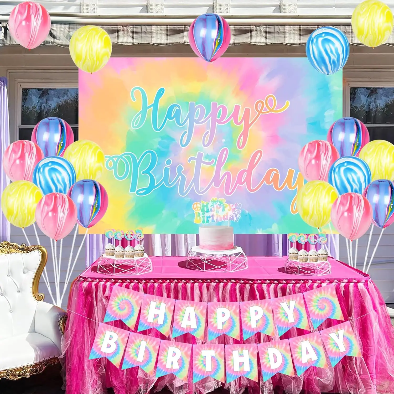 Imagem -03 - Tie Dye Backdrop Bolo Topper com Cupcake Toppers Banner Feliz Aniversário Mármore e Ágata Balões Arco-íris Decoração de Aniversário