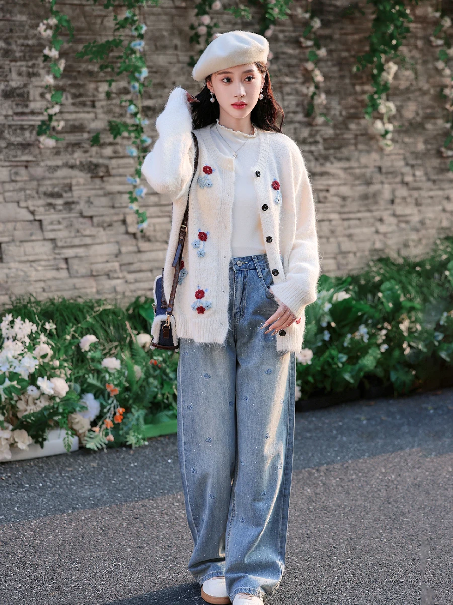 

White Lace Knitted Cardigan Embroidered Floral Design Base Layer Shirt Rhinestone Decorated Denim Pants Artistic Style Women'...